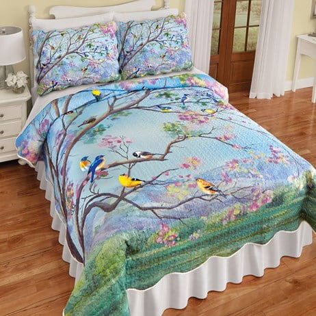 Collections Etc. Birds on Flowering Branch Scalloped Edge Quilt