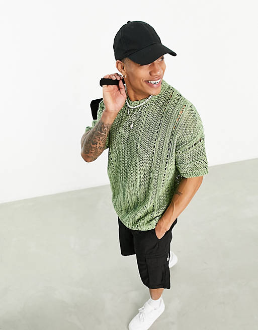 ASOS DESIGN knitted pointelle t-shirt in green twist