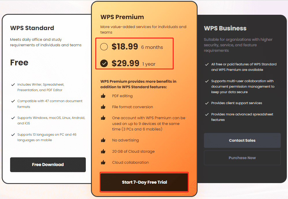 WPS Pricing and plan