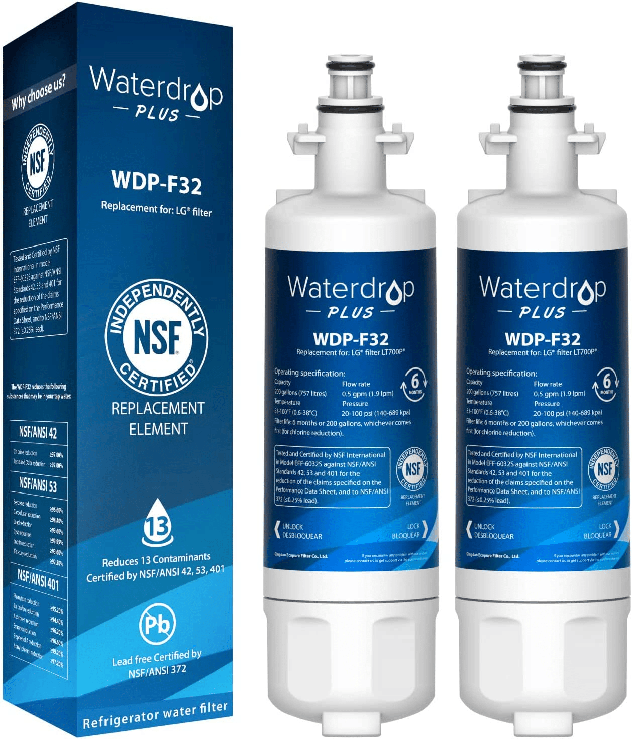 Waterdrop Plus 469690 ADQ36006101 NSF 53&401 Certified Refrigerator Water Filter