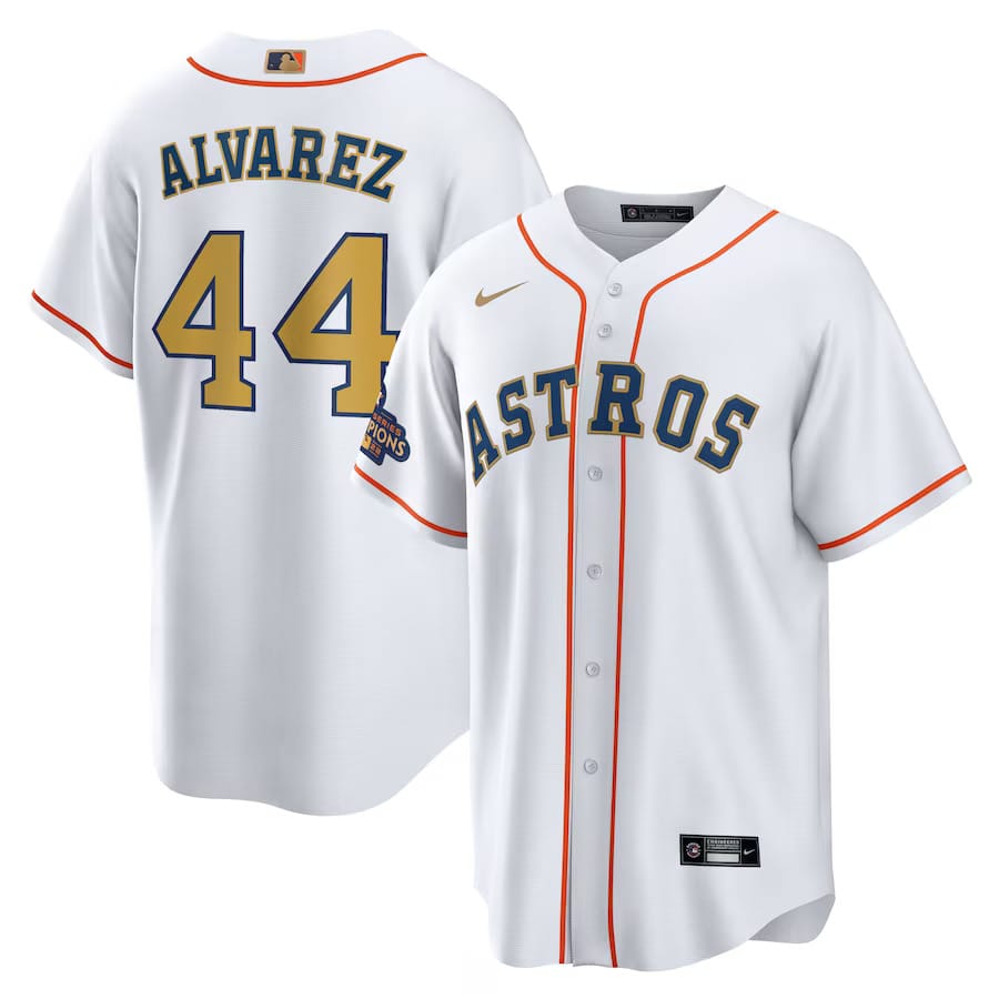 Mens Houston Astros Yordan Alvarez Nike White Gold 2023 Gold Collection Replica Player Jersey