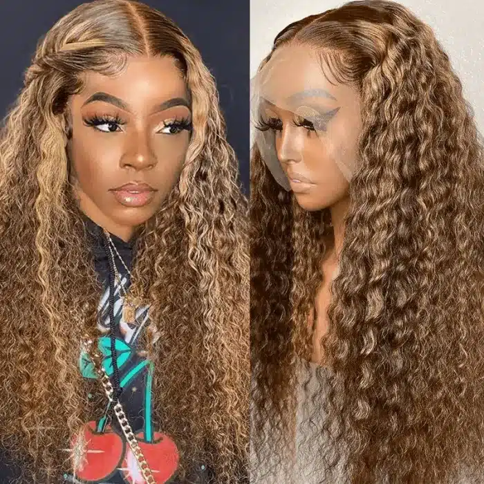 UNice 13x4 Transparent Lace Ombre Honey Blonde Money Piece Highlight Lace Wigs Curly Human Hair Wigs