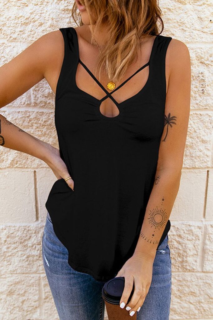 Criss Cross Ruched Curved Hem Tank Top