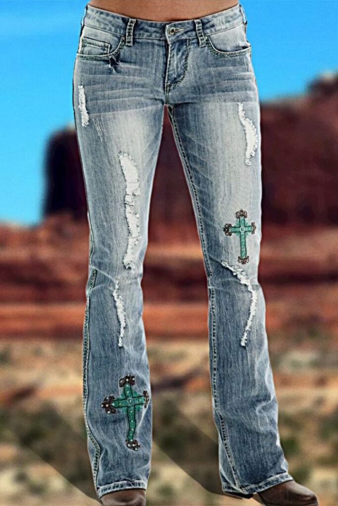 Cross Embroidery Studded Ripped Bootcut Jeans