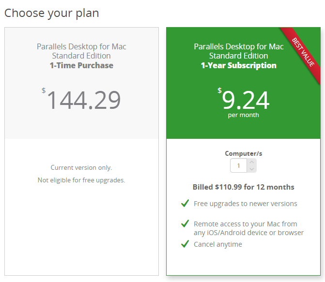parallels pricing and plan