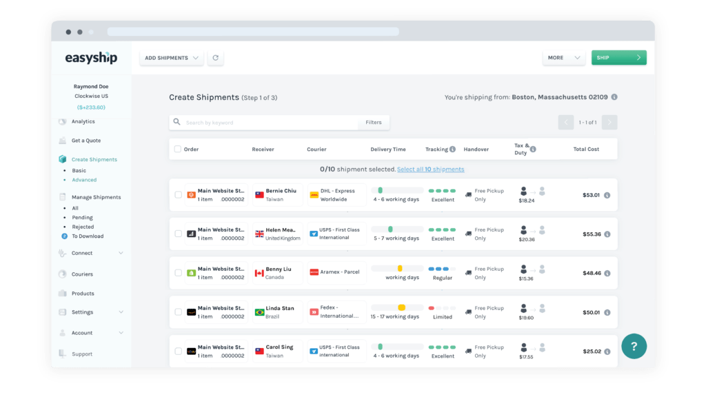 Easyship Create Shipments